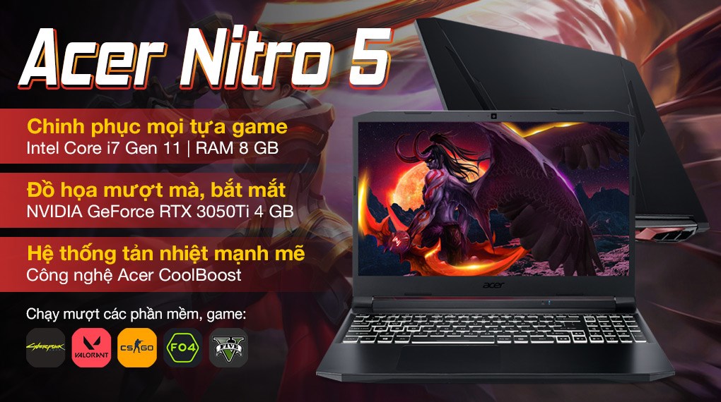Laptop Acer Nitro 5 Gaming AN515 57 727J i7 11800H/8GB/512GB/4GB RTX3050Ti/144Hz/Win10 (NH.QD9SV.005)