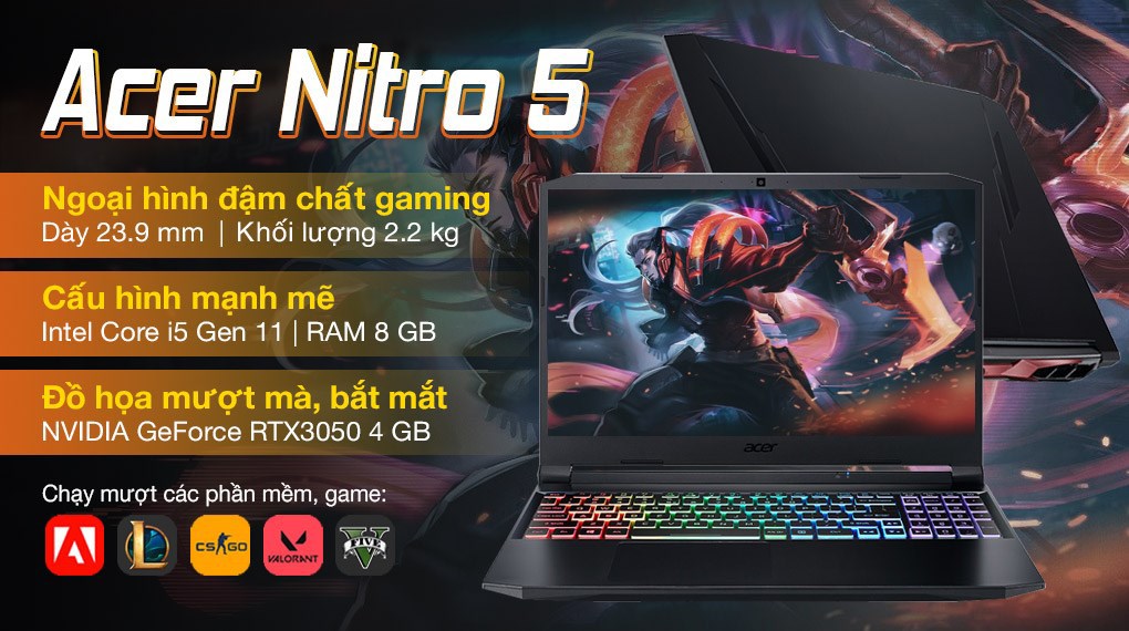 Laptop Acer Nitro 5 AN515 57 51G6 i5 11400H/8GB/512GB/4GB RTX3050/144Hz/Win10 (NH.QD8SV.002)