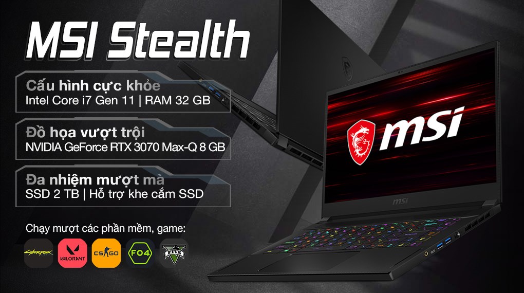 Laptop MSI Gaming GS66 Stealth 11UG i7 11800H/32GB/2TB SSD/8GB RTX3070 Max-Q/360Hz/Balo/Chuột/Win10 (219VN)