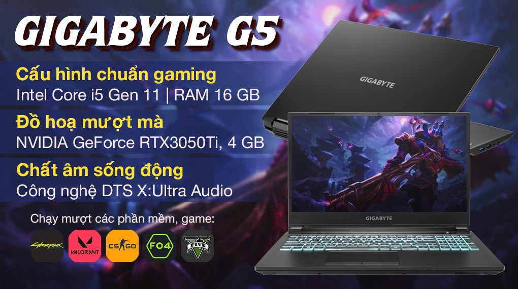 Laptop GIGABYTE Gaming G5 i5 11400H/16GB/512GB/4GB RTX3050Ti/144Hz/Win10 (51S1123SH)