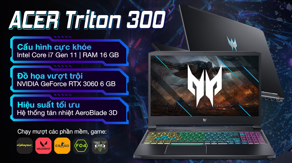 Laptop Acer Predator Triton 300 PT315 53 75LQ i7 11800H/16GB/512GB/6GB RTX3060/165Hz/Win10 (NH.QDQSV.001)