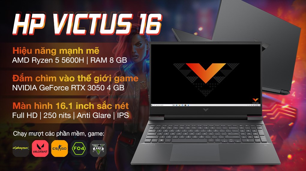 Laptop HP Gaming VICTUS 16 e0175AX R5 5600H/8GB/512GB/4GB RTX3050/144Hz/Win10 (4R0U8PA)