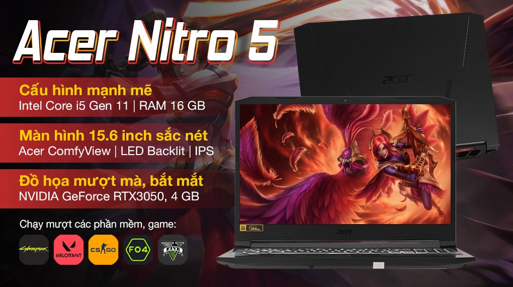 Laptop Acer Nitro 5 Gaming AN515 57 54AF i5 11400H/16GB/512GB/4GB RTX3050/144Hz/Win11 (NH.QENSV.004)