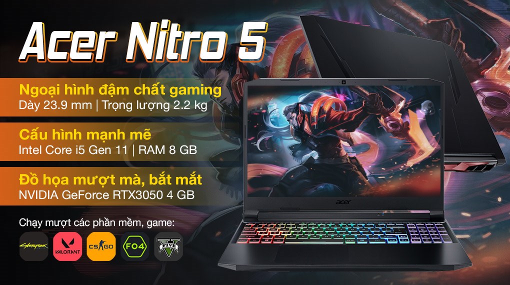 Laptop Acer Nitro 5 Gaming AN515 57 54MV i5 11400H/8GB/512GB/4GB RTX3050/144Hz/Win11 (NH.QENSV.003)