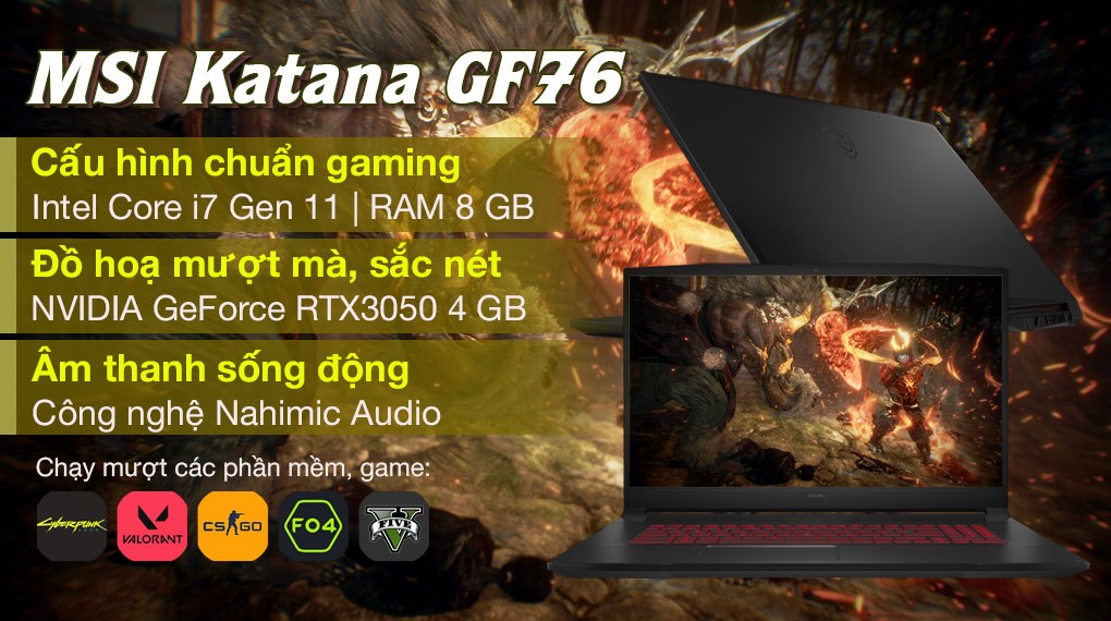 Laptop MSI Katana GF76 11UC i7 11800H/8GB/512GB/4GB RTX3050/144Hz/Balo/Chuột/Win10 (441VN)