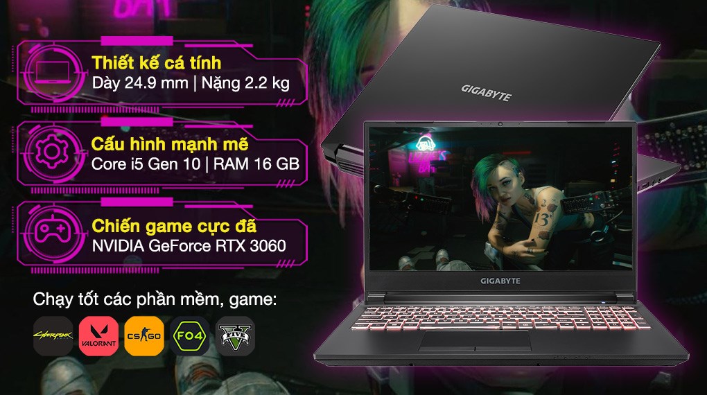 Laptop Gigabyte Gaming G5 i5 10500H/16GB/512GB/6GB RTX3060/144Hz/Win11 (KC-5S11130SB)