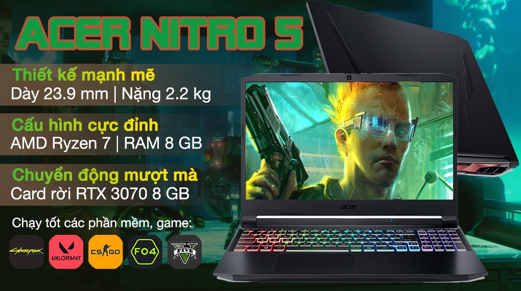 Laptop Acer Nitro 5 AN515 45 R9SC R7 5800H/8GB/512GB/8GB RTX3070/144Hz/Win10 (NH.QBRSV.001)