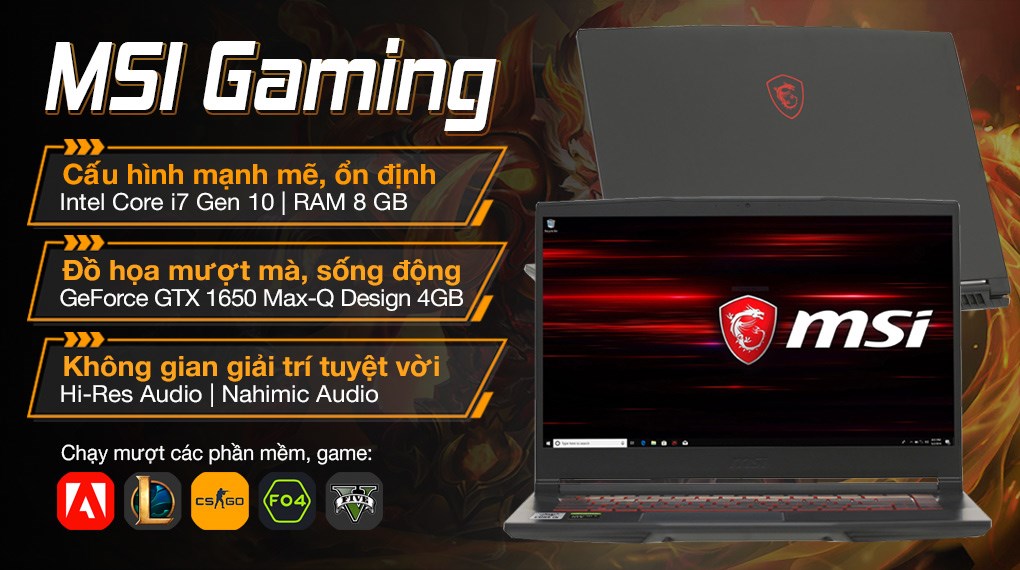 Laptop MSI Gaming GF63 Thin 10SC i7 10750H/8GB/512GB/4GB GTX1650 Max-Q/Win10 (813VN)