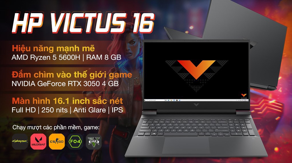 Laptop HP Gaming VICTUS 16 e0175AX R5 5600H/8GB/512GB/4GB RTX3050/144Hz/Win11 (4R0U8PA)