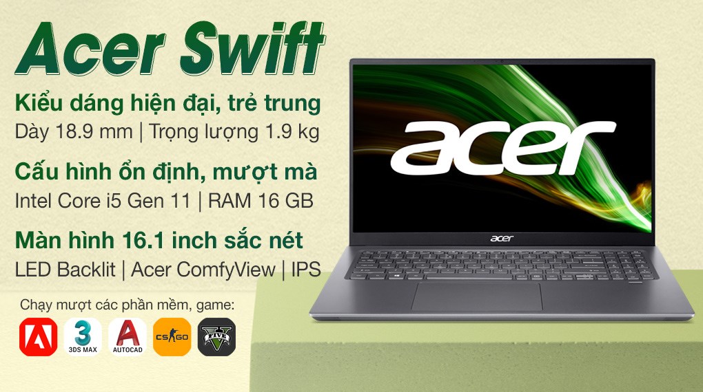 Laptop Acer Swift X SFX16 51G 516Q i5 11320H/16GB/512GB/4GB RTX3050/Win11 (NX.AYKSV.002)