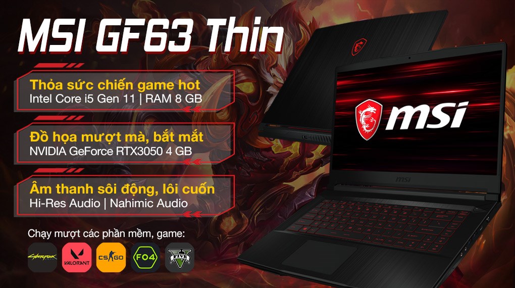 Laptop MSI Gaming GF63 Thin 11UC i5 11400H/8GB/512GB/4GB RTX3050/Balo/Chuột/Win10 (445VN)