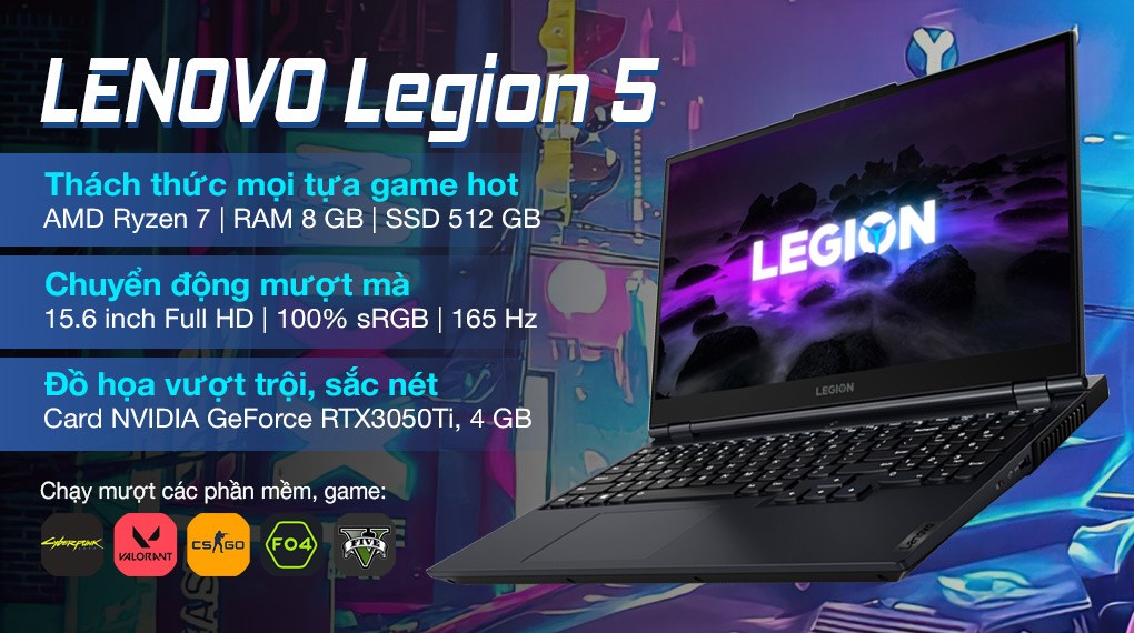 Laptop Lenovo Gaming Legion 5 15ACH6 R7 5800H/8GB/512GB/4GB RTX3050Ti/165Hz/Win11 (82JW00KMVN)