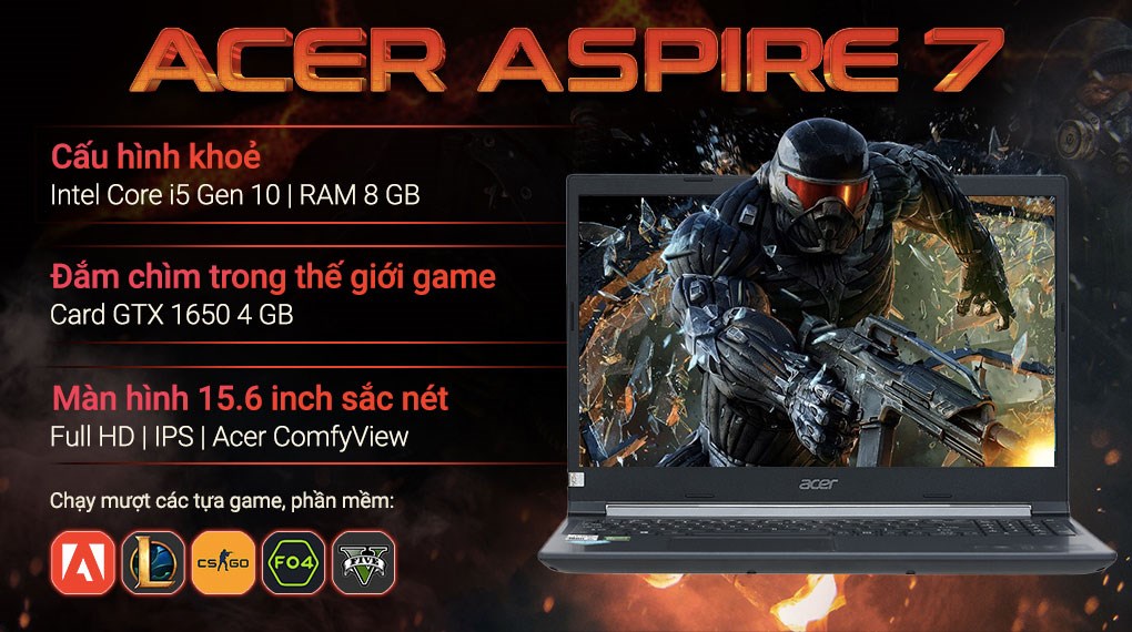 Laptop Acer Aspire 7 Gaming A715 75G 58U4 i5 10300H/8GB/512GB/4GB GTX1650/Win11 (NH.Q97SV.004)