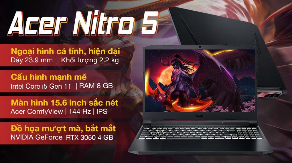 Laptop Acer Nitro 5 Gaming AN515 57 553E i5 11400H/8GB/512GB/4GB RTX3050/144Hz/Win11 (NH.QENSV.006)