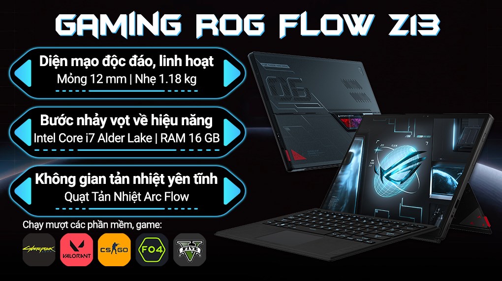 Laptop Asus Gaming ROG Flow Z13 GZ301ZC i7 12700H/16GB/512GB/4GB RTX3050/120Hz/Touch/Pen/Túi/Win11 (LD110W)