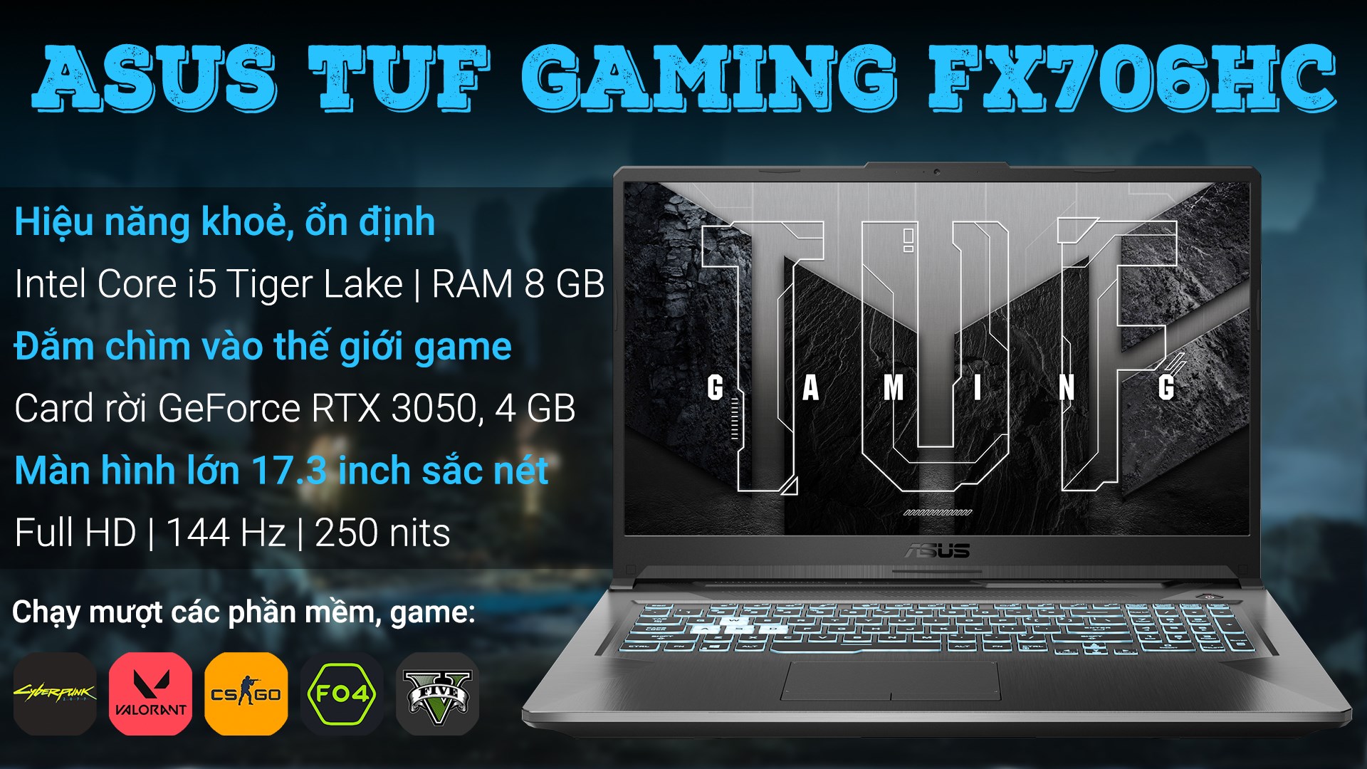 Laptop Asus TUF Gaming FX706HC i5 11400H/8GB/512GB/4GB RTX3050/144Hz/Win11 (HX105W)