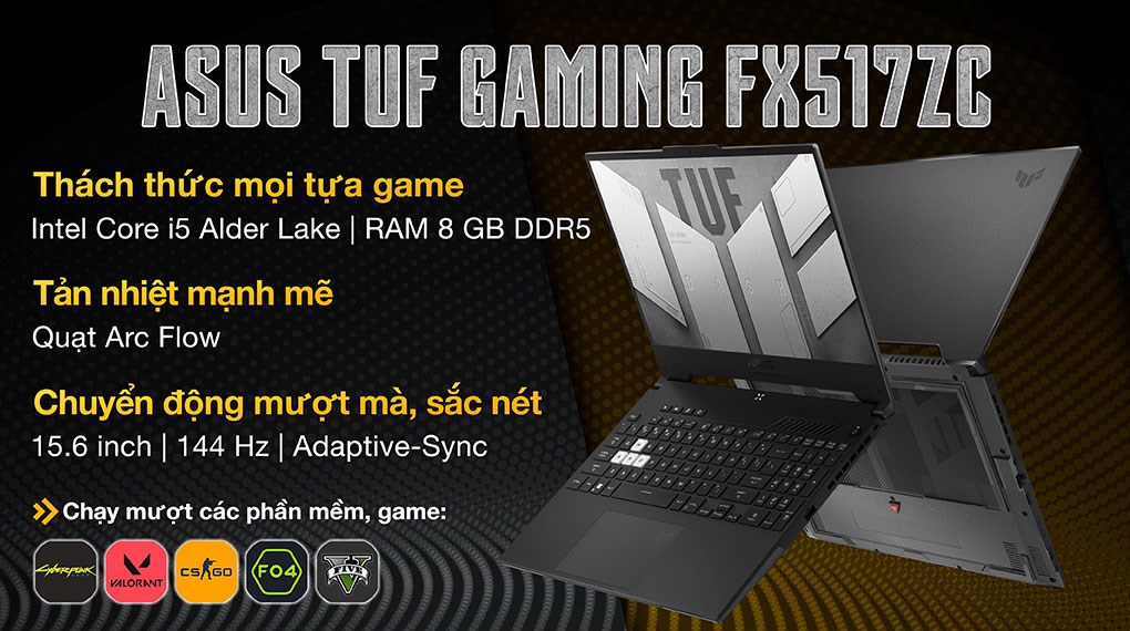 Laptop Asus Gaming TUF Dash F15 FX517ZC i5 12450H/8GB/512GB/4GB RTX3050/144Hz/Win11 (HN077W)