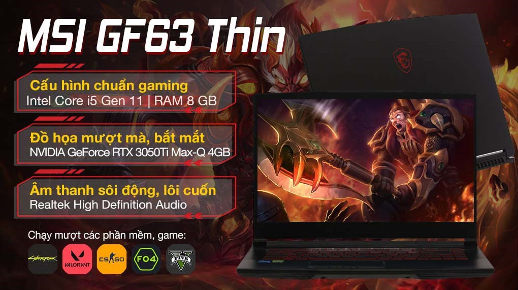 Laptop MSI Gaming GF63 Thin 11UD i5 11400H/8GB/512GB/4GB RTX3050Ti Max-Q/Balo/Chuột/Win11 (649VN)