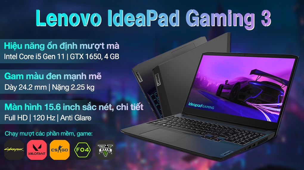 Laptop Lenovo IdeaPad Gaming 3 15IHU6 i5 11300H/8GB/512GB/4GB GTX1650/120Hz/Win11 (82K10178VN)