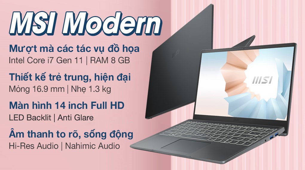 Laptop MSI Modern 14 B11MOU i7 1195G7/8GB/512GB/Túi/Chuột/Win11 (1032VN)