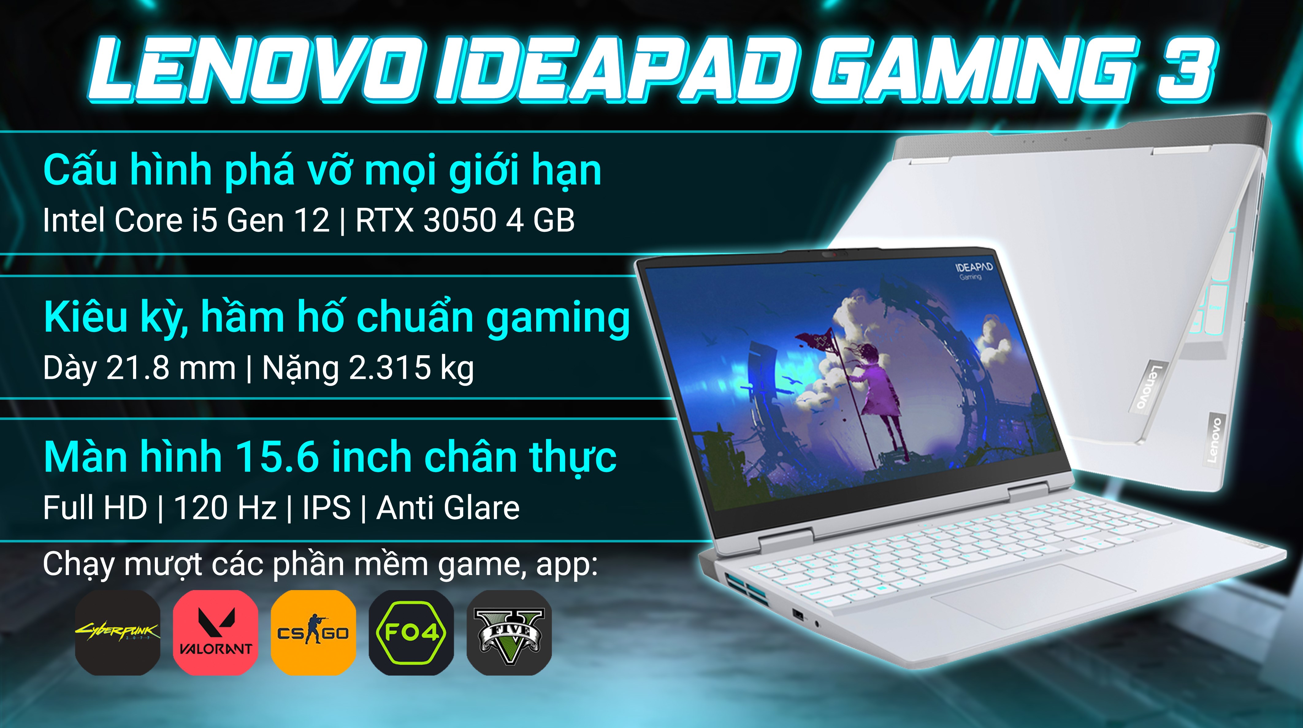 Laptop Lenovo Ideapad Gaming 3 15IAH7 i5 12500H/8GB/512GB/4GB RTX3050/120Hz/Win11 (82S9007TVN)