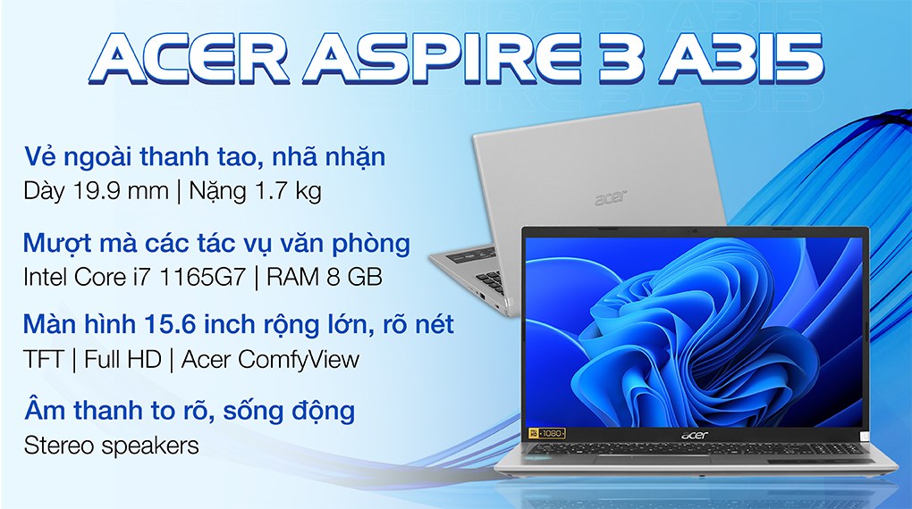 Laptop Acer Aspire 3 A315 58 787C i7 1165G7/8GB/512GB/Win11 (NX.ADDSV.00J)