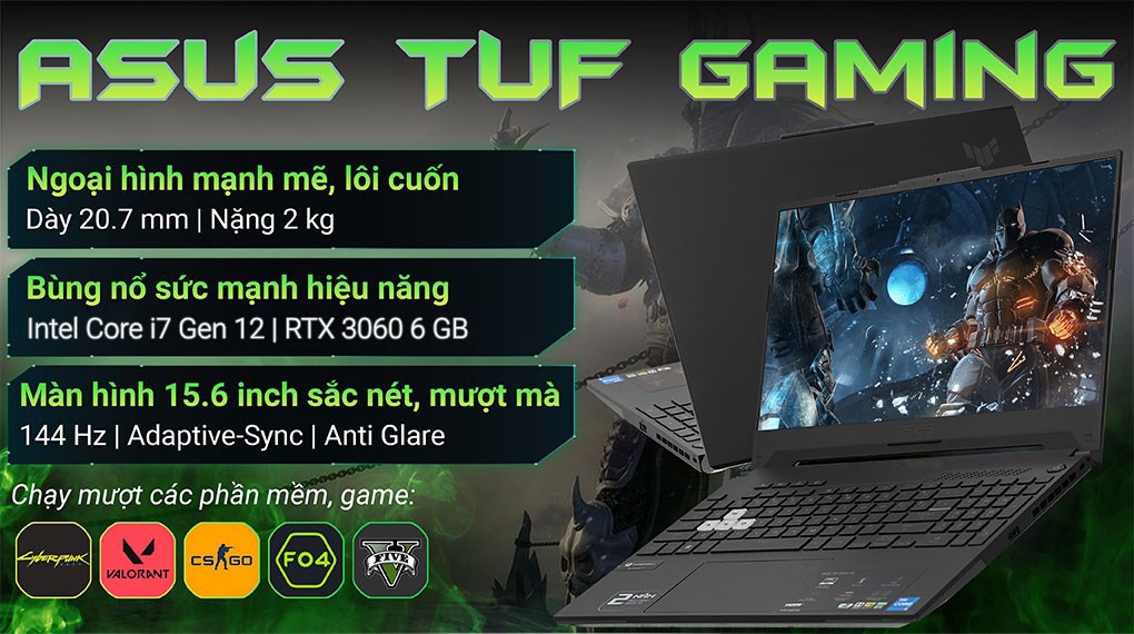 Laptop Asus Gaming TUF Dash F15 FX517ZM i7 12650H/8GB/512GB/6GB RTX3060/144Hz/Win11 (HN480W)