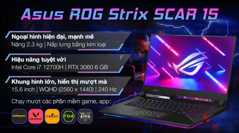 Laptop Asus Gaming ROG Strix SCAR 15 G533ZM i7 12700H/16GB/512GB/6GB RTX3060/240Hz/Balo/Win11 (LN2210W)