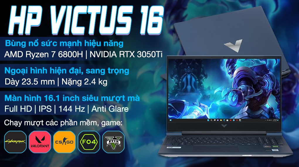 Laptop HP Gaming VICTUS 16 e1102AX R7 6800H/16GB/512GB/4GB RTX3050Ti/144Hz/Win11 (7C139PA)