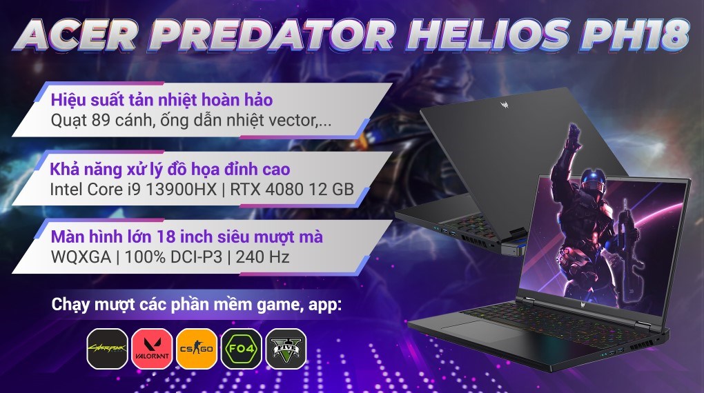 Laptop Acer Predator Helios PH18 71 94SJ i9 13900HX/32GB/2TB/12GB RTX4080/240Hz/Win11 (NH.QKRSV.002)