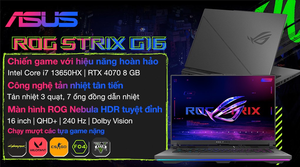 Laptop Asus Gaming ROG Strix G16 G614JI i7 13650HX/16GB/1TB/8GB RTX4070/240Hz/Balo/Win11 (N4084W)