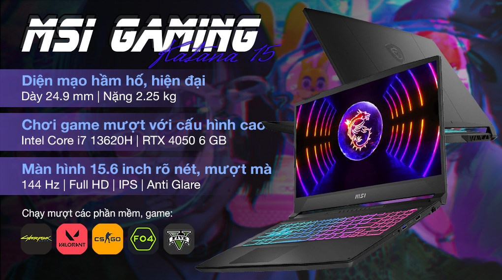 Laptop MSI Gaming Katana 15 B13VEK i7 13620H/8GB/512GB/6GB RTX4050/144Hz/Balo/Win11 (252VN)