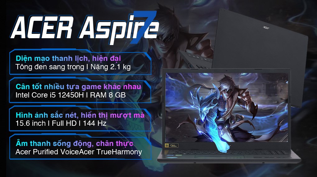 Laptop Acer Aspire 7 Gaming A715 76G 5132 i5 12450H/8GB/512GB/4GB GTX1650/144Hz/Win11 (NH.QMESV.002)
