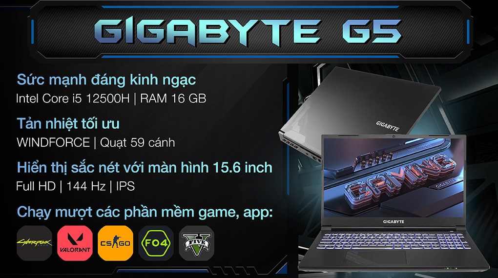 Laptop Gigabyte Gaming G5 i5 12500H/16GB/512GB/4GB RTX3050/144Hz/Win11 (GE-51VN213SH)