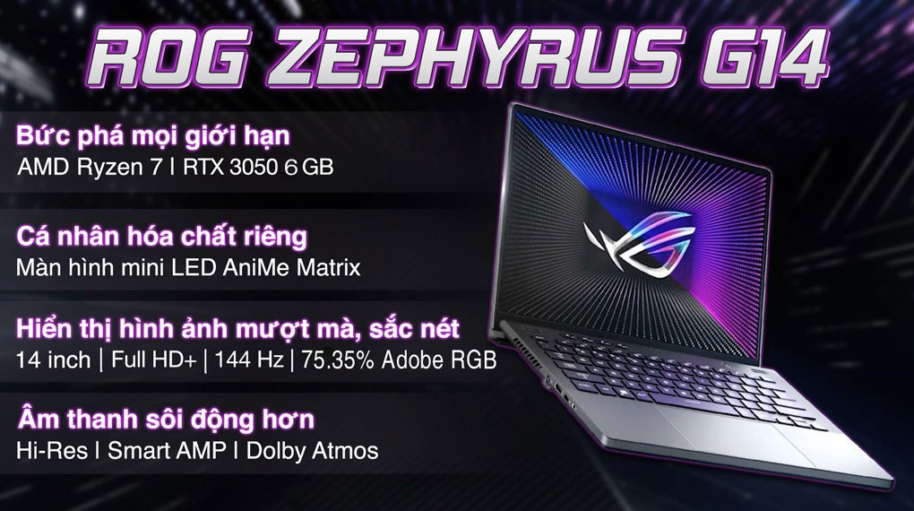 Laptop Asus Gaming ROG Zephyrus G14 GA402NJ R7 7735HS/16GB/512GB/6GB RTX3050/144Hz/Túi/Win11 (L4056W)