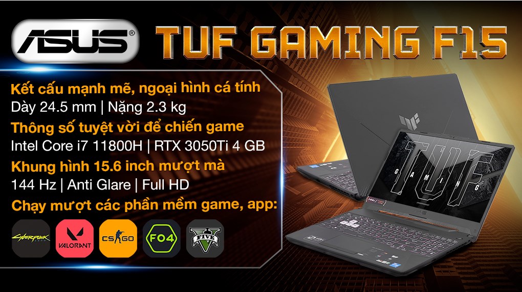 Laptop Asus TUF Gaming F15 FX506HE i7 11800H/16GB/512GB/4GB RTX3050Ti/144Hz/Win11 (HN378W)