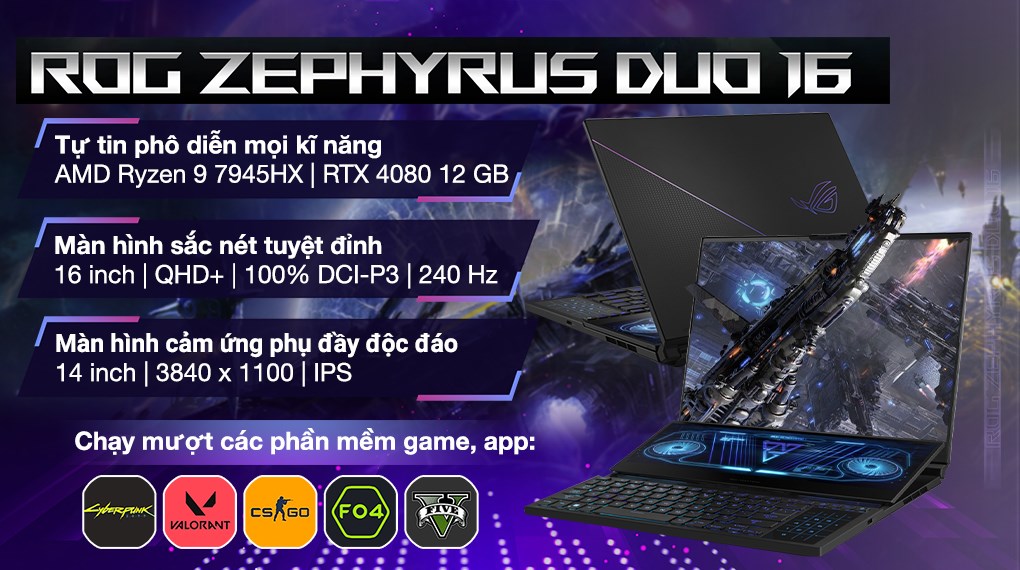 Laptop Asus Gaming ROG Zephyrus Duo 16 GX650PZ R9 7945HX/32GB/1TB/12GB RTX4080/240Hz/Balo/Chuột/Win11 (NM031W)