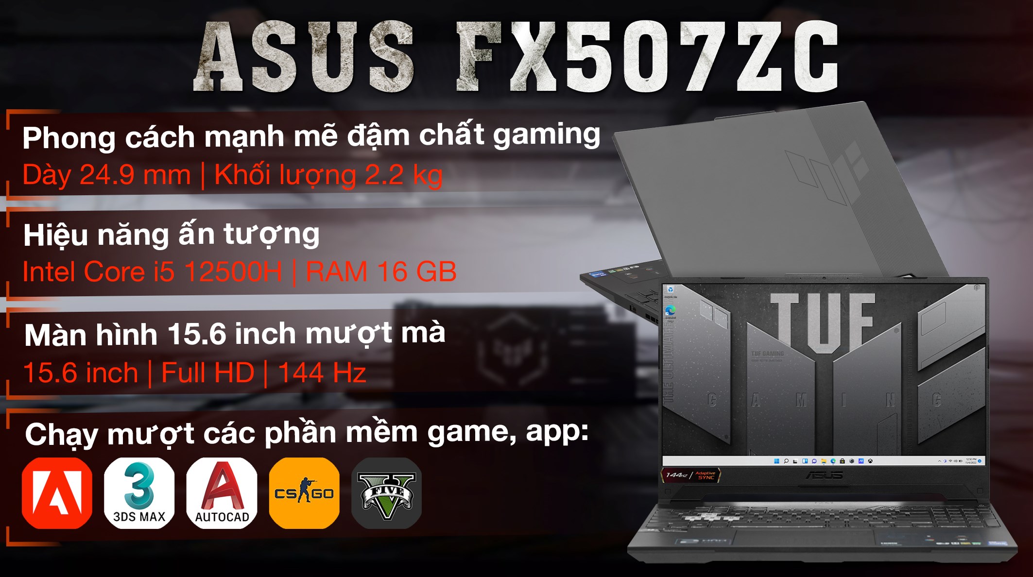 Laptop Asus TUF Gaming F15 FX507ZC4 i5 12500H/16GB/1TB/4GB RTX3050/144Hz/Win11 (HN229W)