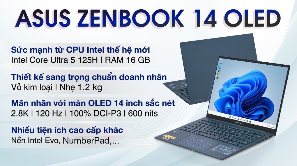 Laptop Asus Zenbook 14 OLED UX3405MA Ultra 5 125H/16GB/512GB/Túi/Win11