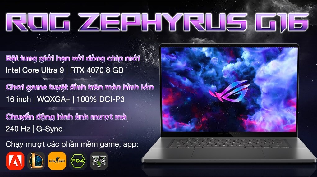 Laptop Asus Gaming ROG Zephyrus G16 GU605MI Ultra 9 185H/32GB/1TB/8GB RTX4070/240Hz/Túi/Win11 (QR116W)