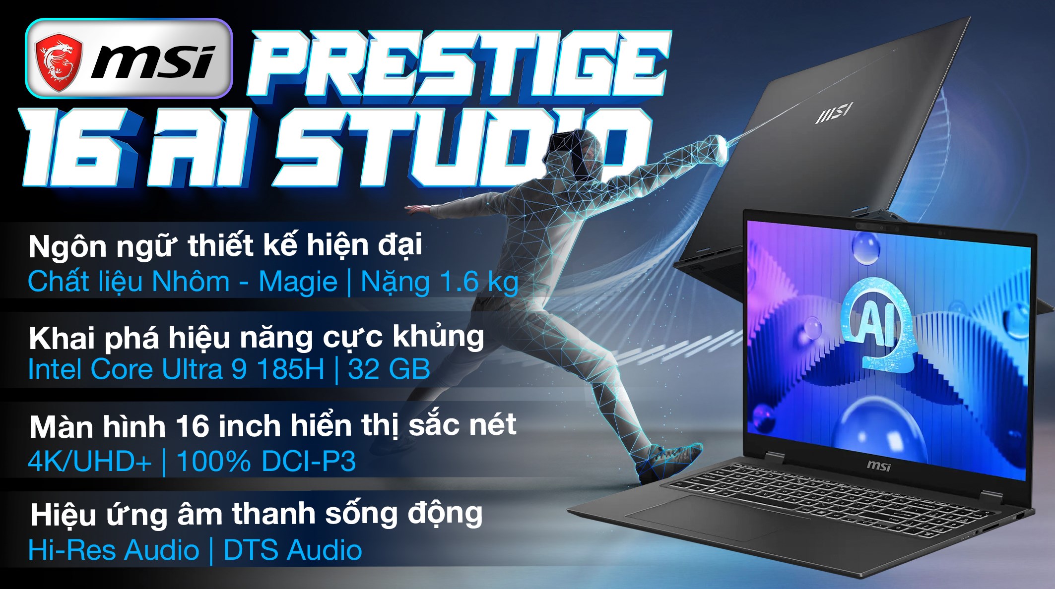 Laptop MSI Prestige 16 AI Studio B1VFG Ultra 9 185H/32GB/1TB/8GB RTX4060/Balo/Chuột/Win11 (082VN)
