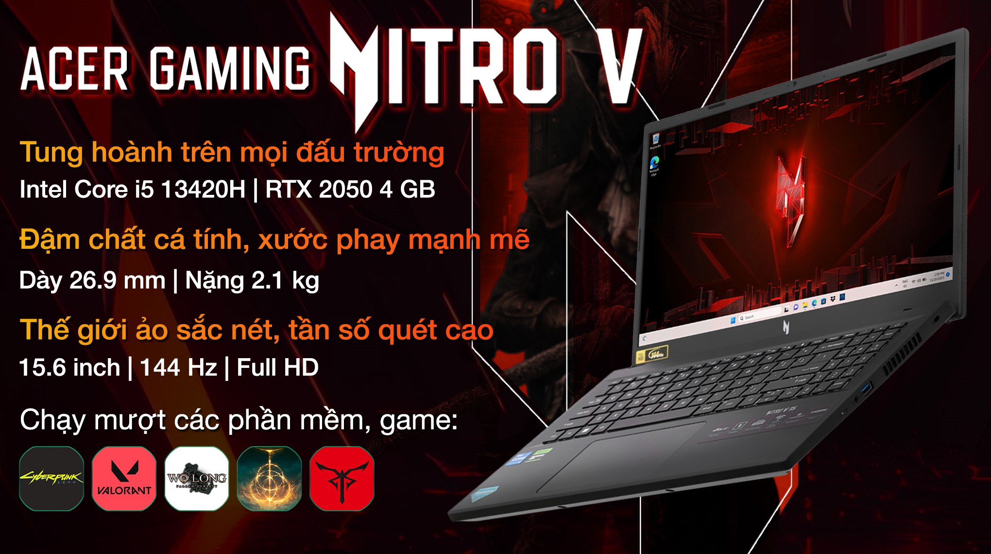 Laptop Acer Gaming Nitro V ANV15 51 58AN i5 13420H/8GB/512GB/4GB RTX2050/144Hz/Win11 (NH.QNASV.001)