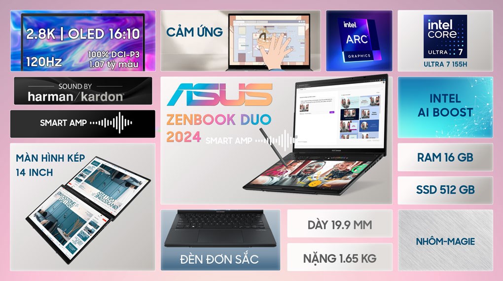 Laptop Asus Zenbook 14 Duo OLED UX8406MA Ultra 7 155H/16GB/512GB/120Hz/Touch/Pen/Túi/Win11 (PZ307W)