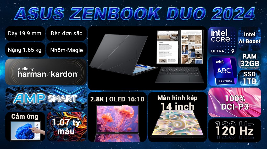 Laptop Asus Zenbook 14 Duo OLED UX8406MA Ultra 9 185H/32GB/1TB/120Hz/Touch/Pen/Túi/Win11 (PZ142W)