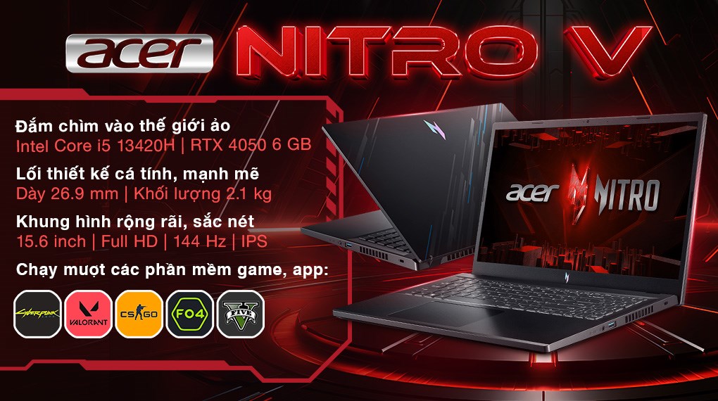 Laptop Acer Gaming Nitro V ANV15 51 55CA i5 13420H/16GB/512GB/6GB RTX4050/144Hz/Win11 (NH.QN8SV.004)