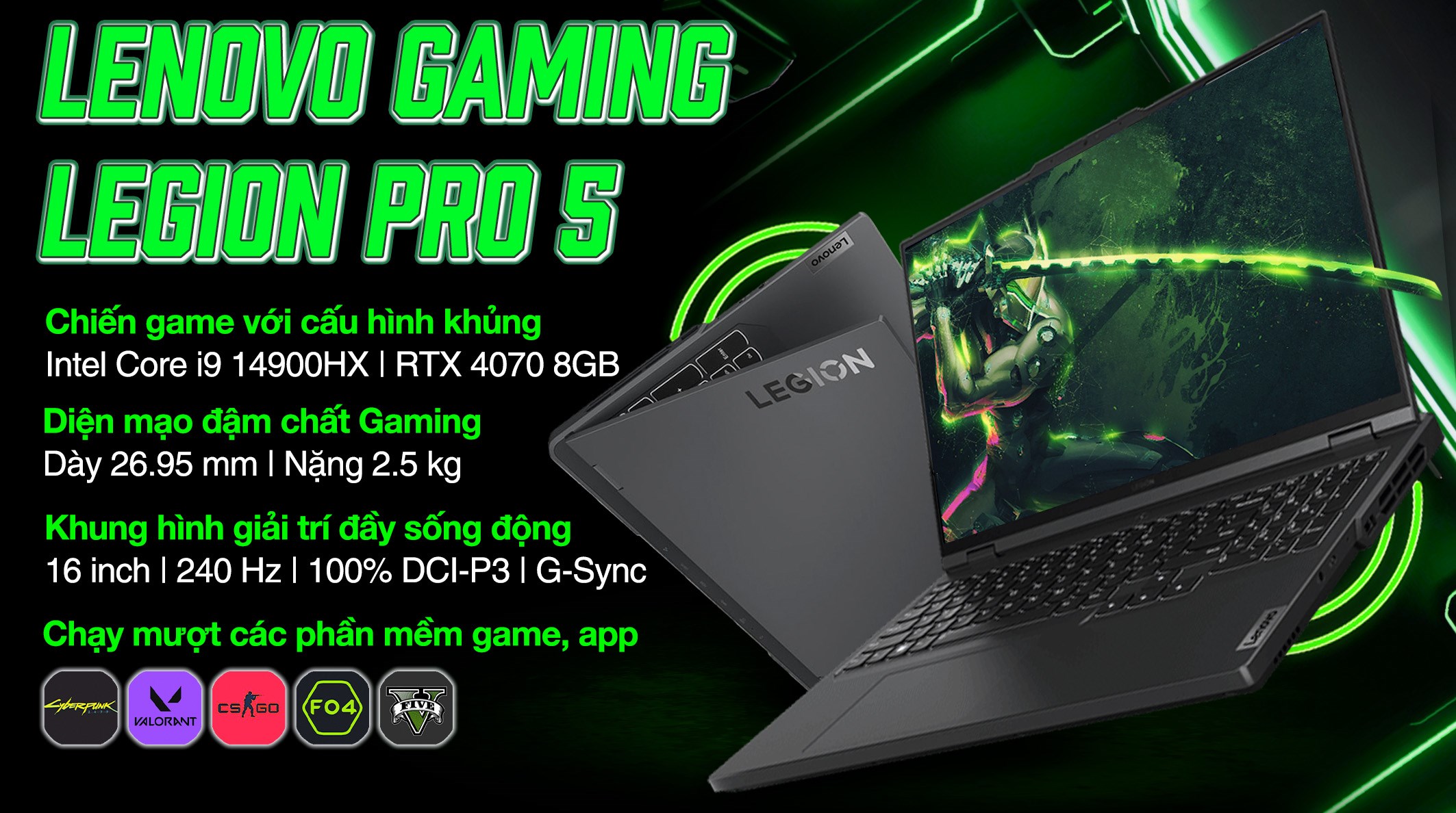 Laptop Lenovo Gaming Legion Pro 5 16IRX9 i9 14900HX/32GB/1TB/8GB RTX4070/240Hz/Win11 (83DF0046VN)