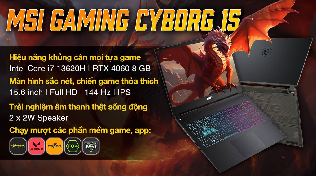 Laptop MSI Gaming Cyborg 15 A13VFK i7 13620H/16GB/512GB/8GB RTX4060/144Hz/Win11 (876VN)