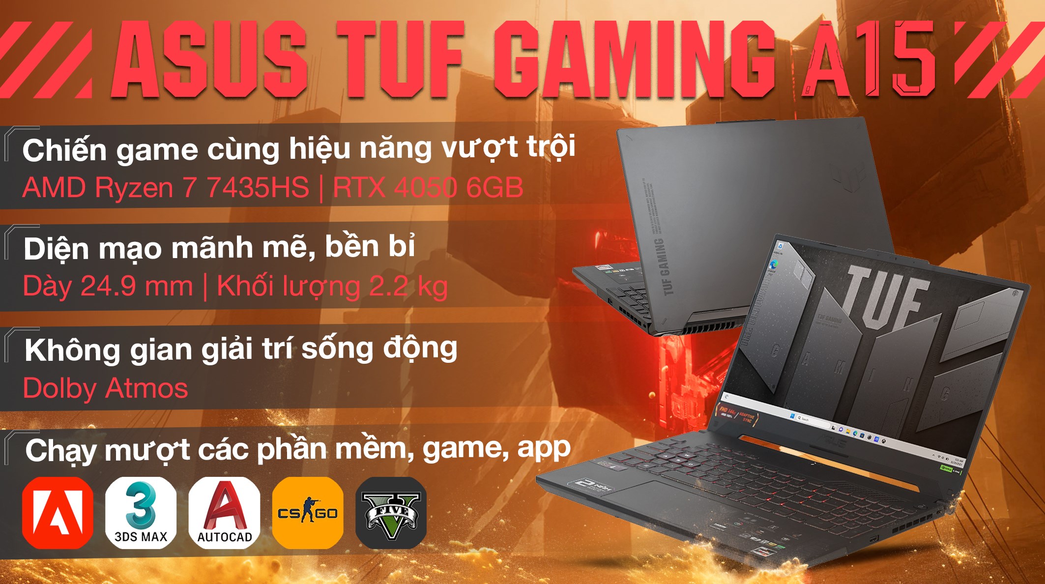 Laptop Asus Gaming TUF A15 FA507NUR R7 7435HS/16GB/512GB/6GB RTX4050/144Hz/Win11 (LP057W)