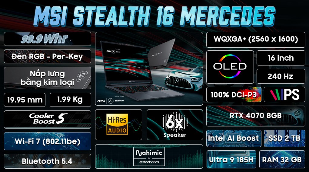 Laptop MSI Gaming Stealth 16 Mercedes AMG A1VGG Ultra 9 185H/32GB/2TB/8GB RTX4070/240Hz/Win11 (293VN)
