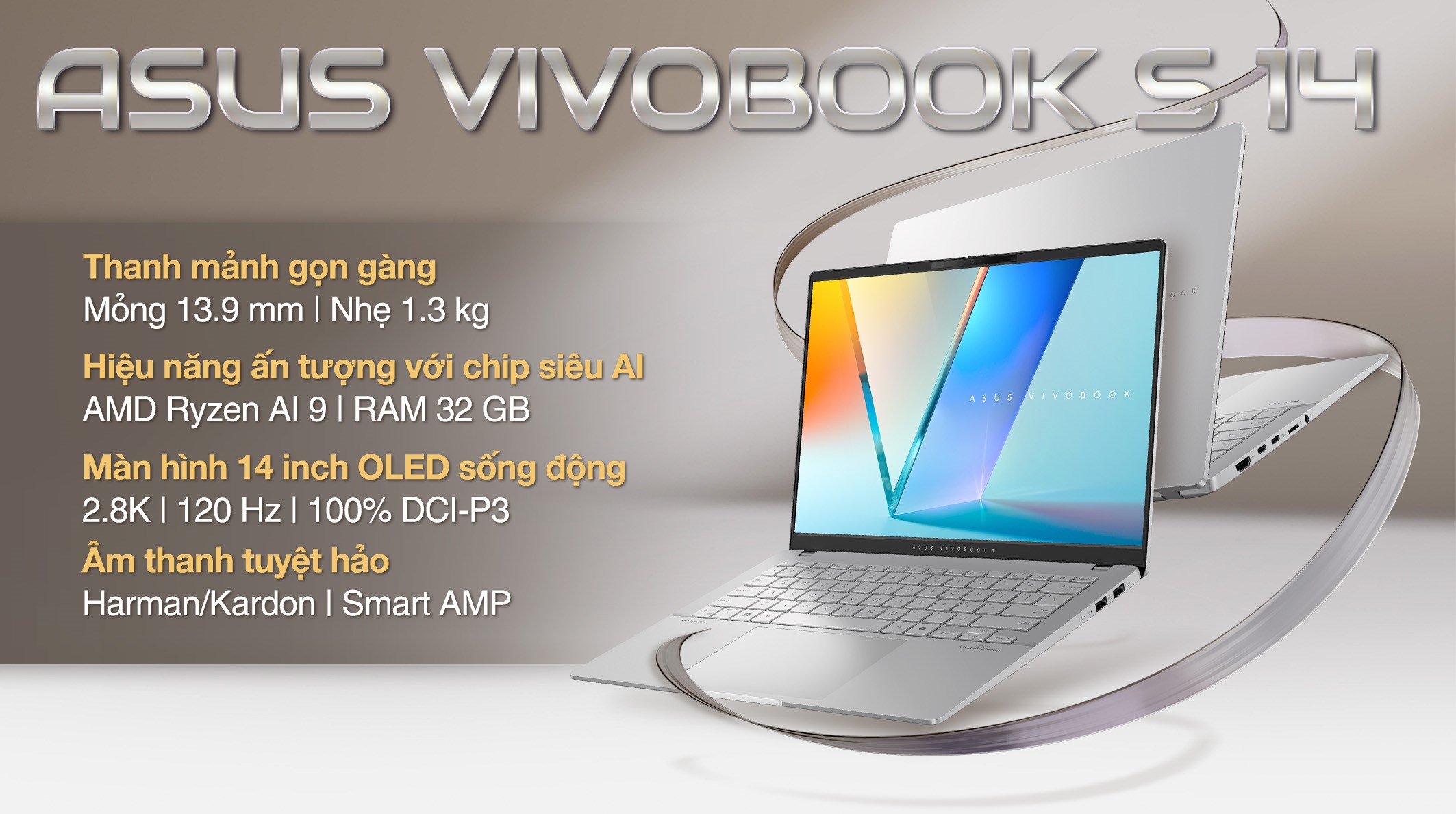 Laptop Asus Vivobook S 14 OLED M5406WA R9 AI HX 370/32GB/1TB/120Hz/Office365/Win11 (PP071WS)